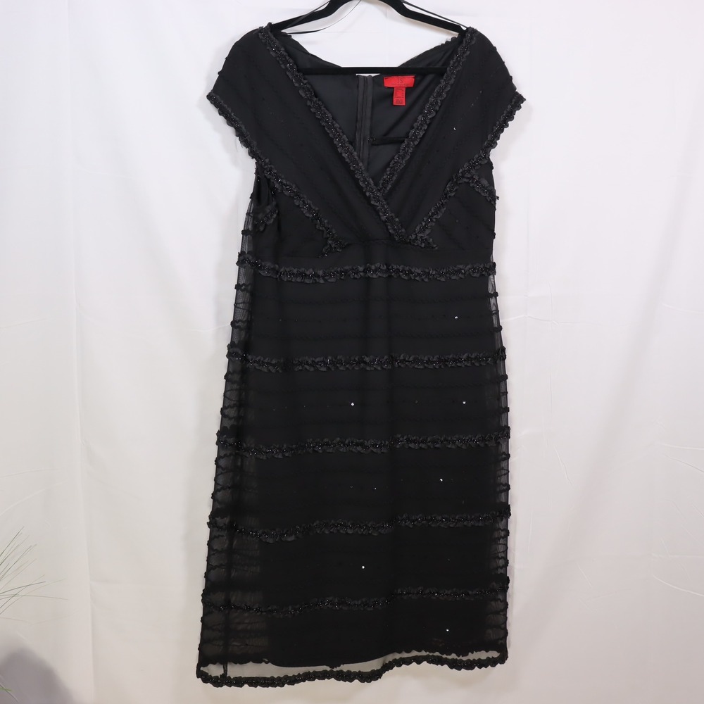 JS Collections Beaded Tiered Dress 16W Black Womens Evening Glam Party